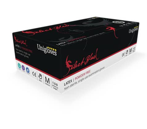 Unigloves Select Black Long Cuff Latex Gloves – Box of 100 Gloves Raw Tattoo Supplies