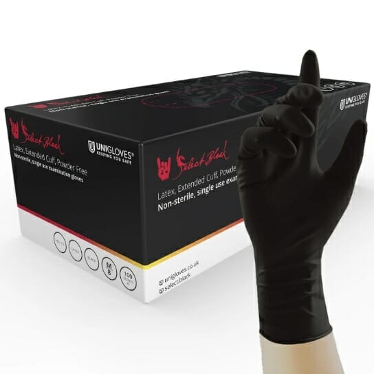 Unigloves Select Black Long Cuff Latex Gloves – Box of 100 Gloves Raw Tattoo Supplies